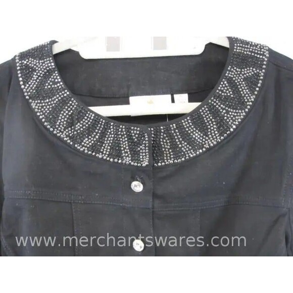 SALE! NWT- SASSY Quacker Factory Black Denim Jacket, Rhinestone Embellishment XL - Picture 6 of 10